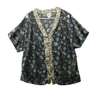 NWT Converse Chiffon Blouse Womens L Blue Floral V-Neck Short Sleeve‎ Pintuck